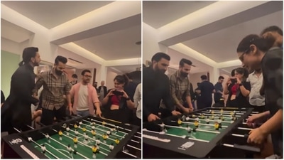 Ranveer Singh, Fatima Sana Shaikh, Irfan Pathan playing foosball at Laal Singh Chaddha screening. Ranveer Singh, Fatima Sana Shaikh, Irfan Pathan playing foosball at Laal Singh Chaddha screening.