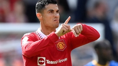 Manchester United's Cristiano Ronaldo reacts after their first goal (REUTERS)