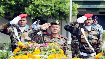 A day after four soldiers were killed in a terrorist attack, army personnel pay tributes to the deceased, in Jammu on Friday. (ANI)