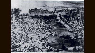 An artist’s representation of the scene of the Jallianwala Bagh Massacre at Amritsar in 1919. (HT Photo)
