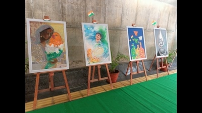 Artworks of 75 artists from across country are on display at the art workshop-cum-exhibition (HT Photos) Artworks of 75 artists from across country are on display at the art workshop-cum-exhibition (HT Photos)