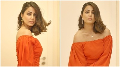 Hina Khan serves the cutest party look in an off-shoulder orange bodycon dress in new pics (Instagram) Hina Khan serves the cutest party look in an off-shoulder orange bodycon dress in new pics (Instagram)