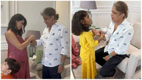 Sunny Leone and daughter Nisha tie rakhi to her security consultant. Sunny Leone and daughter Nisha tie rakhi to her security consultant.