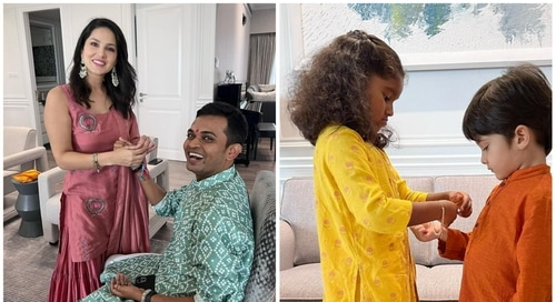 Sunny Leone ties rakhi to Hitendra Kapopara, Nisha ties rakhi to one of her brothers. Sunny Leone ties rakhi to Hitendra Kapopara, Nisha ties rakhi to one of her brothers. 