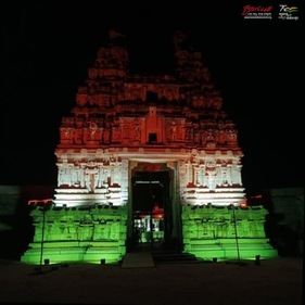 The gopuram of a temple in Hampi lit with tri-color. (Karnataka tourism) The gopuram of a temple in Hampi lit with tri-color. (Karnataka tourism)