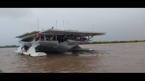 The Swiss yacht, MS Porrima, from where five crew members were rescued in Alibag. (HT PHOTO) The Swiss yacht, MS Porrima, from where five crew members were rescued in Alibag. (HT PHOTO)