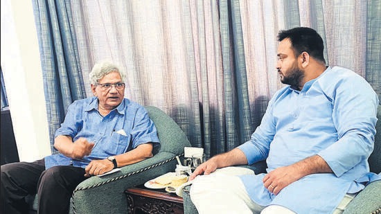 CPI(M) general secretary Sitaram Yechury with Bihar deputy chief minister Tejashwi Yadav in New Delhi on Friday. (RJD/Twitter) CPI(M) general secretary Sitaram Yechury with Bihar deputy chief minister Tejashwi Yadav in New Delhi on Friday. (RJD/Twitter)