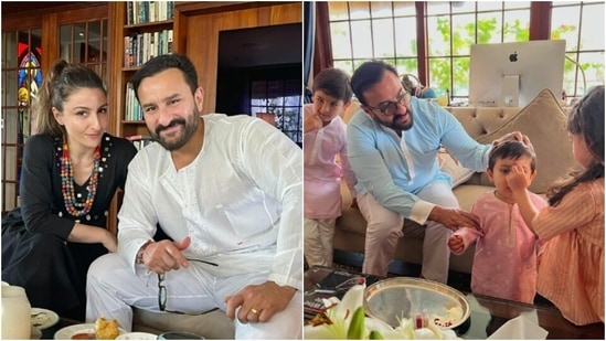 Soha Ali Khan gave us a sneak peek into Pataudi family's Raksha Bandhan celebrations. While Soha tied Rakhi on Saif Ali Khan's arm, her daughter Inaaya also celebrated rakhi with cousins Taimur and Jeh.(Instagram/@sakpataudi)