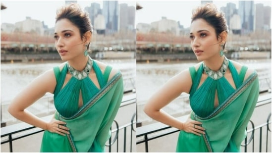 Styled by fashion stylist Ami Patel, Tamannaah wore her tresses into a messy bun as she posed for the outdoor photoshoot.(Instagram/@tamannaahspeaks)