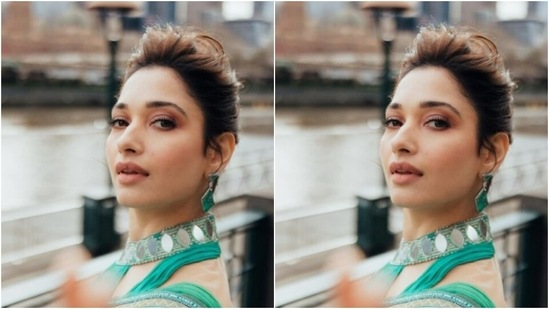 Assisted by makeup artist Florian Hurel, Tamannaah decked up in nude eyeshadow, black eyeliner, mascara-laden eyelashes, contoured cheeks and a shade of nude lipstick.(Instagram/@tamannaahspeaks)