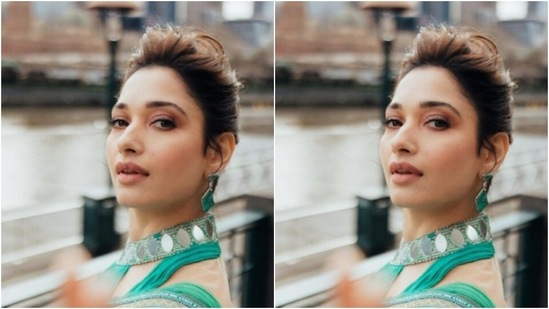 Assisted by makeup artist Florian Hurel, Tamannaah decked up in nude eyeshadow, black eyeliner, mascara-laden eyelashes, contoured cheeks and a shade of nude lipstick.(Instagram/@tamannaahspeaks)