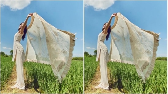 Ananya decked up in a white slip salwar that came intricately embroidered in white threads. She teamed it with a pair of white satin palazzos and added a white silk dupatta with embroidery work at the borders.(Instagram/@ananyapanday)