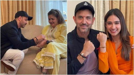 Hrithik Roshan celebrated Raksha Bandhan by tying rakhi on the arms of sister Sunaina Roshan and cousin Pashmina Roshan. “Sisters and brothers tied Rakhi to each other this year. The raksha goes both ways. Happy Rakhi everyone," wrote the actor.(Instagram/@hrithikroshan)