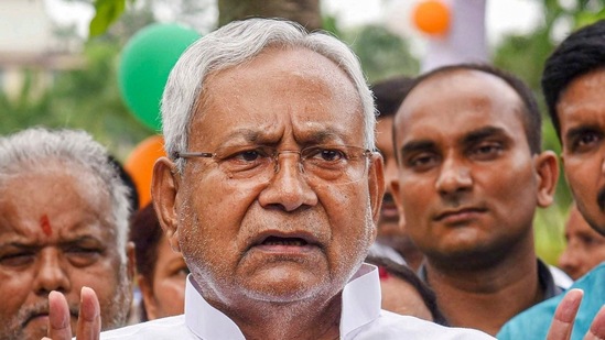 Bihar chief minister Nitish Kumar interacts with the media during an event on the occasion of 'Vriksh Suraksha Diwas', in Patna, Friday.(PTI)