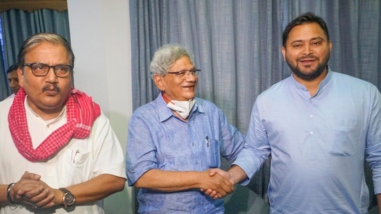 Bihar deputy CM Tejashwi Yadav with CPI (M) general secretary Sitaram Yechury and RJD leader Manoj Kumar Jha in New Delhi on Friday.(PTI) Bihar deputy CM Tejashwi Yadav with CPI (M) general secretary Sitaram Yechury and RJD leader Manoj Kumar Jha in New Delhi on Friday.(PTI)