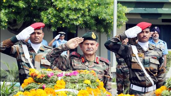 A day after four soldiers were killed in a terrorist attack, army personnel pay tributes to the deceased, in Jammu on Friday. (ANI) A day after four soldiers were killed in a terrorist attack, army personnel pay tributes to the deceased, in Jammu on Friday. (ANI)