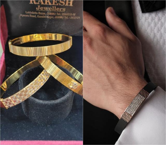 (L) Kada-style rakhi and (R) diamond bracelet rakhi at Rakesh Jewellers. (L) Kada-style rakhi and (R) diamond bracelet rakhi at Rakesh Jewellers.