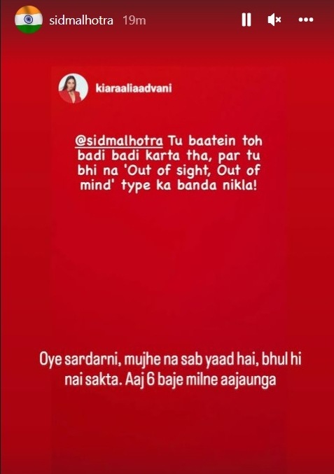 Sidharth Malhotra responded to Kiara Advani's post on Instagram Stories.&nbsp;