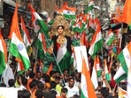 A statue of Bharat Mata being carried during a Tiranga rally organised by BJP in Bhopal on Saturday. (ANI Photo) A statue of Bharat Mata being carried during a Tiranga rally organised by BJP in Bhopal on Saturday. (ANI Photo)