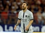 Paris St Germain's Lionel Messi reacts