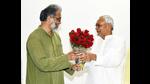 CPI(ML) general secretary Dipankar Bhattacharya meets Bihar CM Nitish Kumar in Patna on Saturday. (Santosh Kumar/HT Photo)