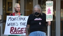 Healthcare and LGBTQ rights activists hold a rally outside the San Francisco Federal Building in San Francisco, US, to demand an increase in monkeypox vaccines and treatments as the outbreak continues to spread. (Justin Sullivan/Getty Images/AFP)