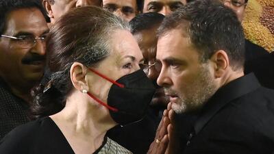 Interim Congress president Sonia Gandhi (left) with son Rahul at a protest against inflation and unemployment during the recently concluded Parliament session in New Delhi. (ANI Photo)