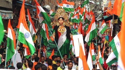 A statue of Bharat Mata being carried during a Tiranga rally organised by BJP in Bhopal on Saturday. (ANI Photo) A statue of Bharat Mata being carried during a Tiranga rally organised by BJP in Bhopal on Saturday. (ANI Photo)
