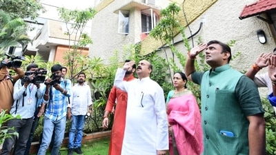 Along with the CM, health minister K Sudhakar and other party leaders were also present at the event. Along with the CM, health minister K Sudhakar and other party leaders were also present at the event.