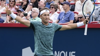 Casper Ruud of Norway reacts during his match against Canada's Felix Auger-Aliassime during quarterfinal play&nbsp; (AP)