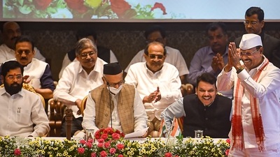 Mumbai: Abdul Sattar after being sworn-in as a minister at a ceremony at Raj Bhavan in Mumbai. Maharashtra Governor Bhagat Singh Koshyari, Chief Minister Eknath Shinde and Dy CM Devendra Fadnavis are also seen. (PTI) Mumbai: Abdul Sattar after being sworn-in as a minister at a ceremony at Raj Bhavan in Mumbai. Maharashtra Governor Bhagat Singh Koshyari, Chief Minister Eknath Shinde and Dy CM Devendra Fadnavis are also seen. (PTI)