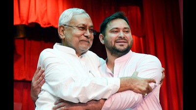 JDU leader Nitish Kumar and RJD leader Tejashwi Yadav in Patna on Wednesday. (ANI) JDU leader Nitish Kumar and RJD leader Tejashwi Yadav in Patna on Wednesday. (ANI)