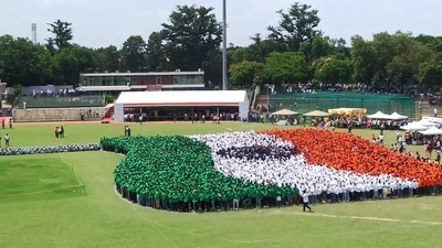 Student's of Chandigarh University created guinness world record to make biggest Indian flag with human formation on Saturday. (Ravi Kumar HT)