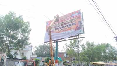 The disfigured banners and posters in Firozabad. (HT PHOTO)