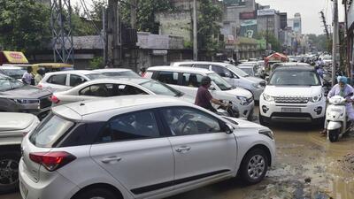 Traffic caused by road closure amid Independence Day preparations in Ludhiana. (Gurpreet Singh/HT )