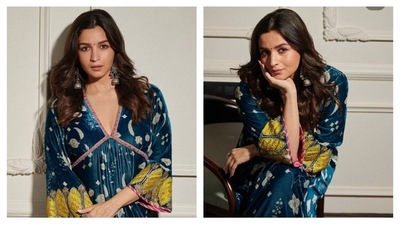Alia Bhatt took the ethnic fashion game to a whole new level in this blue printed kaftan which she teamed with statement oxidised earrings. (Instagram) Alia Bhatt took the ethnic fashion game to a whole new level in this blue printed kaftan which she teamed with statement oxidised earrings. (Instagram)