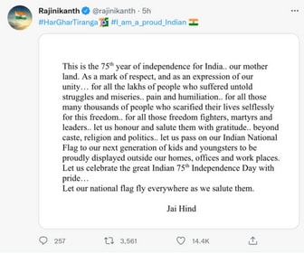 Rajinikanth's tweet.