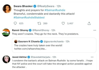 Swara Bhasker, Ranvir Shorey and Javed Akhtar have condemned the attack on Salman Rushdie.&nbsp;