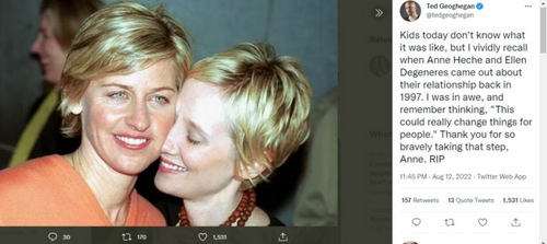 Ted Geoghegan remembers Anne Heche, posts an old photo of her with Ellen DeGeneres. Ted Geoghegan remembers Anne Heche, posts an old photo of her with Ellen DeGeneres.