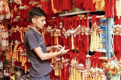 Rakhis on display. (Shantanu Bhattacharya/HT) Rakhis on display. (Shantanu Bhattacharya/HT)