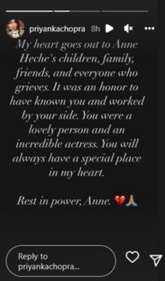 Priyanka Chopra send condolences to late actor Anne Heche. Priyanka Chopra send condolences to late actor Anne Heche.