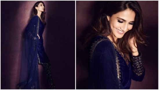 Vaani Kapoor earlier ditched western attires for this elegant royal blue velvet kurta set.(Instagram/@_vaanikapoor_)