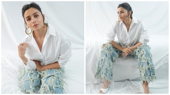 For an earlier event, Alia Bhatt nailed the casual look in an oversized white shirt and funky denim.(Instagram/@aliaabhatt)