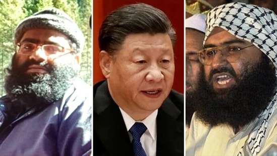 (L-R) Jaish-e-Mohammad chief operational commander Mufti Abdul Rauf Asgar Alvi, Chinese president Xi Jinping and Jaish chief Maulana Masood Azhar.