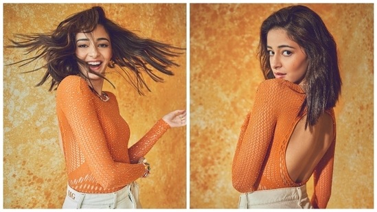 Ananya Panday travelled all the way to Ahmedabad to romote Liger in a backless mesh top and flared jeans (Instagram/@ananyapanday)