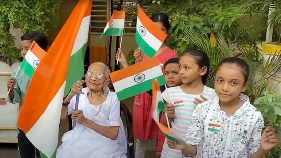PM Modi's mother Heeraben Modi celebrates Har Ghar Tiranga in Gandhinagar. Gujarat, on Saturday. (ANI Photo)