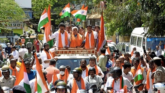 Union finance minister Nirmala Sitharaman takes part at a Har Ghar Tiranga rally in Bengaluru, Karnataka, on Saturday. (ANI Photo)