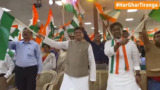 Union minister Piyush Goyal celebrate Har Ghar Tiranga by waving a national flag on Saturday. (Screengrab of video/Piyush Goyal)