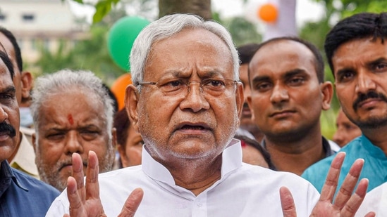 Bihar Chief Minister Nitish Kumar interacts with the media.(PTI)