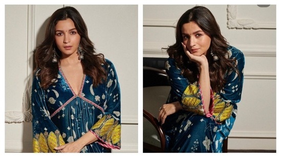 Alia Bhatt took the ethnic fashion game to a whole new level in this blue printed kaftan which she teamed with statement oxidised earrings.(Instagram)